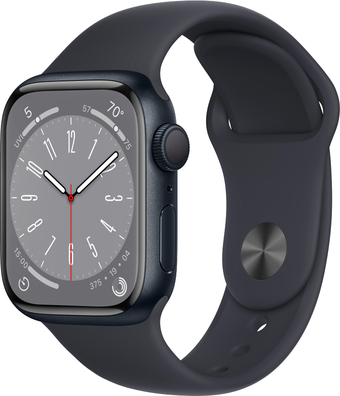 Умные часы Apple Watch Series 8 41 мм (алюминиевый корпус, полуночный/полуночный, спортивный силиконовый ремешок M/L)
