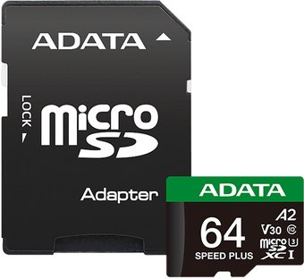 Карта памяти ADATA SPEED PLUS microSDXC 64GB UD64GUI3V30A2SP-RA1 (с адаптером)