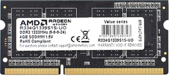 Оперативная память AMD Radeon R3 4GB DDR3 SODIMM PC4-10600 R334G1339S1S-UO