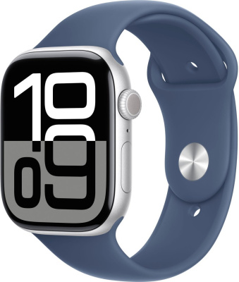 Умные часы Apple Watch Series 10 46 мм (алюминиевый корпус, серебристый/синий, спортивный силиконовый ремешок S/M) 