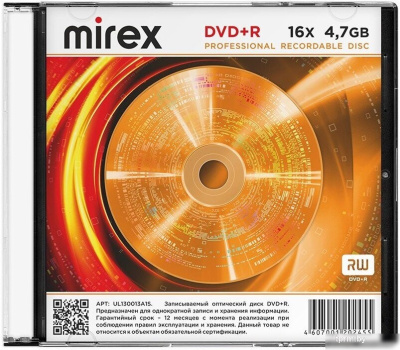 DVD+R диск Mirex 4.7Gb 16x UL130013A1S (1 шт.) 