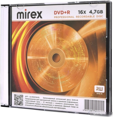 DVD+R диск Mirex 4.7Gb 16x UL130013A1S (1 шт.) 