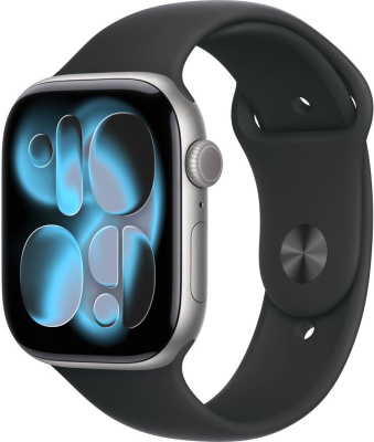 Умные часы Apple Watch Series 11 46 мм (алюминиевый корпус, космический серый/черный, спортивный силиконовый ремешок M/L)