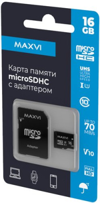 Карта памяти Maxvi microSDHC 16GB MSD16GBC10V10 (с адаптером)