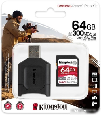 Карта памяти Kingston Canvas React Plus SDXC 64GB (с кардридером) 