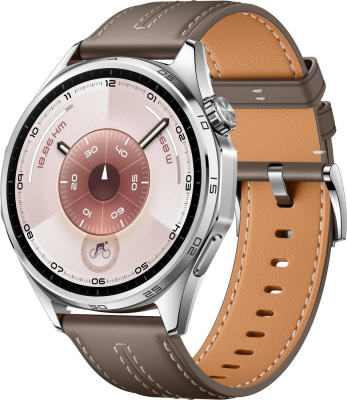 Умные часы Huawei Watch GT 6 46 мм (серебристый, с коричневым кожаным ремешком, международная версия) 