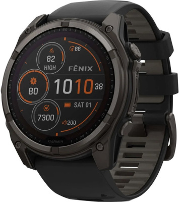Garmin Fenix 8 Solar, Sapphire 51мм (титановый угольно-серый с DLC-покрытием и черным ремешком) 