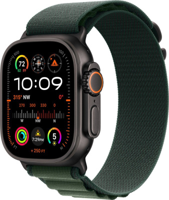 Умные часы Apple Watch Ultra 2 LTE 49 мм (титановый корпус, черный/темно-зеленый, ремешок из полиэстера S)