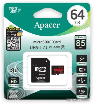 Карта памяти Apacer microSDXC AP64GMCSX10U5-R 64GB (с адаптером) 