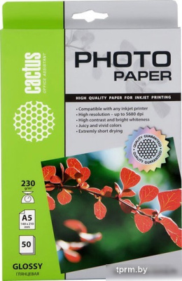 Фотобумага CACTUS Глянцевая A5 230 г/кв.м. 50 листов (CS-GA523050) 