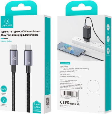 Кабель Usams US-SJ678 USB Type-C - USB Type-C (0.25 м, черный) 