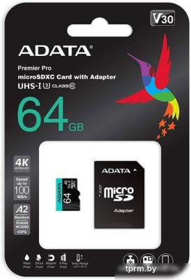 Карта памяти A-Data Premier Pro AUSDX64GUI3V30SA2-RA1 microSDXC 64GB (с адаптером) 