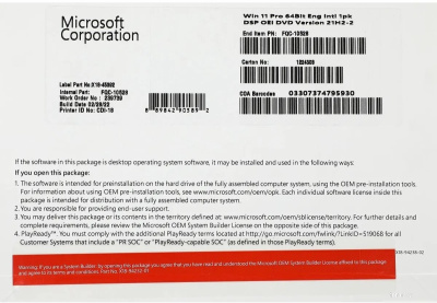 Операционная система Microsoft Windows 11 Pro 64-bit OEI DVD FQC-10528 (1 ПК, английская версия, бессрочная лицензия, для корпоративного использования) 
