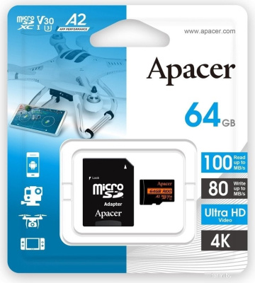 Apacer microSDXC AP64GMCSX10U8-R 64GB (с адаптером) 